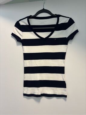 Tommy Hilfiger Navy & White Striped V-Neck Tee